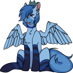 Size: 1200x1200 | Tagged: safe, artist:summer rose arts, derpibooru import, oc, oc only, oc:simon pegasus, pegasus, pony, 2022 community collab, clothes, crown, derpibooru community collaboration, ear piercing, earring, fangs, jewelry, piercing, regalia, simple background, socks, solo, spread wings, stockings, striped socks, thigh highs, tongue, tongue out, transparent background, wingboner, wings