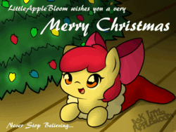 Size: 450x338 | Tagged: safe, artist:arielsbx, derpibooru import, apple bloom, earth pony, pony, adorabloom, animated, apple bloom's bow, bow, christmas, christmas lights, christmas stocking, christmas tree, cute, female, filly, foal, hair bow, happy, holiday, open mouth, open smile, smiling, sock, solo, tree, weapons-grade cute