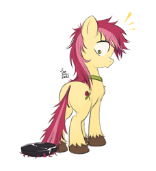 Size: 2480x2721 | Tagged: source needed, safe, artist:fanzeem, derpibooru import, roseluck, earth pony, pony, butt, collar, commission, commissioner:doom9454, cute, emanata, fluffy, looking back, plot, pony pet, roomba, simple background, tail, tail pull, tangled up, white background, wide eyes