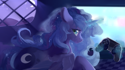 Size: 1920x1080 | Tagged: safe, artist:haidiannotes, edit, editor:unofficial edits thread, princess luna, alicorn, pony, controller, ears, female, floppy ears, gamer luna, levitation, looking at you, looking sideways, magic, mare, night, smiling, smiling at you, solo, starry mane, telekinesis, watermark removal