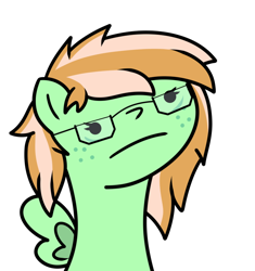 Size: 828x879 | Tagged: safe, artist:cgscrambles, oc, oc only, oc:sapphie, pegasus, pony, dot eyes, female, freckles, glasses, green coat, sad horse club, simple background, solo, transparent background, two toned mane, wings
