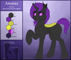 Size: 6500x5500 | Tagged: safe, artist:stardustspix, oc, oc:anaxxa, changepony, hybrid, eyeshadow, female, looking at you, reference sheet, size comparison, solo, standing