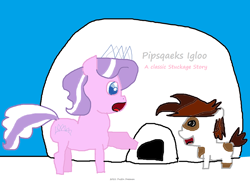 Size: 1826x1328 | Tagged: safe, derpibooru import, diamond tiara, pipsqueak, earth pony, pony, 1000 hours in ms paint, frown, happy, igloo, looking at each other, looking at someone, raised hoof, raised leg, winter