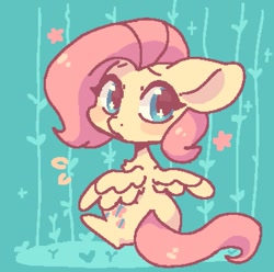 Size: 783x776 | Tagged: safe, artist:colorfulcolor233, derpibooru import, fluttershy, pegasus, pony, big ears, blushing, chest fluff, chibi, cute, ears, female, looking at you, looking back, looking back at you, mare, pixel art, short mane, shyabetes, sitting, solo, sparkly eyes, spread wings, wingding eyes, wings