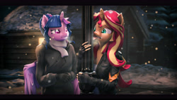 Size: 9600x5400 | Tagged: safe, artist:imafutureguitarhero, derpibooru import, sci-twi, sunset shimmer, twilight sparkle, twilight sparkle (alicorn), alicorn, anthro, unicorn, 3d, :i, black bars, blushing, breath, cabin, cheek fluff, chest fluff, chromatic aberration, clothes, colored eyebrows, colored eyelashes, duo, ear fluff, ears, female, film grain, fingerless gloves, floppy ears, fluffy, freckles, frost, gloves, hoodie, horn, jacket, lamppost, leather jacket, lesbian, long hair, long mane, long nails, looking at someone, mare, multicolored hair, multicolored mane, night, outdoors, peppered bacon, pole, raised eyebrow, red nosed, revamped anthros, revamped ponies, scarf, scitwilicorn, scitwishimmer, shipping, shirt, signature, snow, snow on head, snow on nose, snowfall, source filmmaker, striped gloves, sunsetsparkle, this will end in pain, tongue, tongue out, tongue stuck to pole, tree, unamused, wall of tags, window, wings, worried