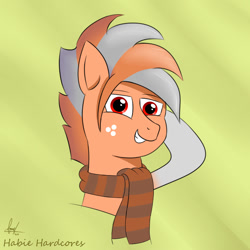 Size: 1000x1000 | Tagged: safe, artist:habiepon3, derpibooru import, oc, oc only, oc:habie hardcores, pegasus, pony, bust, clothes, cute, happy, looking at you, male, scarf, simple background, smiling, solo, striped scarf