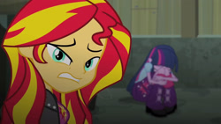 Size: 3410x1920 | Tagged: safe, derpibooru import, screencap, sunset shimmer, twilight sparkle, equestria girls, rainbow rocks, boots, clothes, cutie mark on clothes, eyes closed, female, high res, jacket, leather, leather jacket, shoes