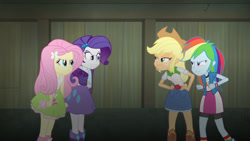 Size: 3410x1920 | Tagged: safe, derpibooru import, screencap, applejack, fluttershy, rainbow dash, rarity, human, equestria girls, rainbow rocks, applejack's hat, belt, belt buckle, boots, bracelet, clothes, cowboy boots, cowboy hat, crossed arms, cutie mark on clothes, denim skirt, female, frown, hairpin, hand on hip, hat, high heel boots, high res, jewelry, shoes, skirt