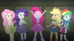 Size: 3410x1920 | Tagged: safe, derpibooru import, screencap, applejack, fluttershy, pinkie pie, rainbow dash, rarity, equestria girls, rainbow rocks, applejack's hat, belt, boots, bracelet, clothes, cowboy hat, cutie mark on clothes, denim skirt, female, hairpin, hat, high res, humane five, jewelry, nose in the air, open mouth, shoes, skirt