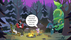 Size: 1280x720 | Tagged: safe, derpibooru import, edit, edited screencap, screencap, cozy glow, lord tirek, queen chrysalis, centaur, changeling, changeling queen, ophiotaurus, pegasus, pony, frenemies (episode), campfire, chair, cocoon, double date, female, filly, foal, food, implied cozirek, implied shipping, male, marshmallow, speech bubble, stick