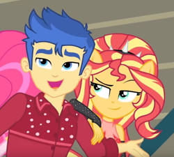 Size: 654x589 | Tagged: safe, derpibooru import, screencap, flash sentry, sunset shimmer, cheer you on, equestria girls, spoiler:eqg series (season 2), cropped, female, flashimmer, male, ponied up, shipping, straight, super ponied up