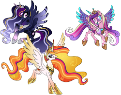 Size: 3291x2566 | Tagged: safe, artist:eonionic, derpibooru import, princess cadance, princess celestia, princess luna, pony, alternate design, simple background, transparent background