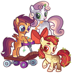 Size: 1715x1746 | Tagged: safe, artist:sleepy-nova, derpibooru import, apple bloom, scootaloo, sweetie belle, earth pony, pegasus, pony, unicorn, alternate design, bipedal, cutie mark crusaders, female, gender headcanon, headcanon, lgbt headcanon, nonbinary, nonbinary pride flag, pride, pride flag, scooter, simple background, trans female, transgender, transgender pride flag, transparent background, trio, trio female