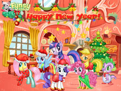 Size: 700x525 | Tagged: safe, artist:user15432, derpibooru import, applejack, fluttershy, pinkie pie, rainbow dash, rarity, spike, twilight sparkle, unicorn twilight, dragon, earth pony, pegasus, pony, unicorn, bell, candle, cardboard twilight, christmas, christmas lights, christmas ornament, christmas ornaments, christmas outfit, christmas ponies, christmas presents, christmas star, christmas tree, clothes, costume, cupcake, decoration, female, food, fynsy, gift box, happy new year, hat, holiday, looking at you, mane seven, mane six, mare, merry christmas, mistletoe, present, santa costume, santa hat, shoes, snowman, stock vector, tree, winter, winter outfit