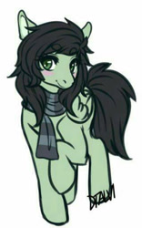 Size: 319x512 | Tagged: safe, artist:kvetina7, derpibooru import, oc, oc only, pegasus, pony, blushing, clothes, raised hoof, raised leg, scarf, signature, simple background, solo, white background, wings