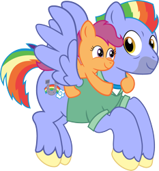 Size: 1779x1908 | Tagged: safe, artist:roman-santos, derpibooru import, bow hothoof, scootaloo, pegasus, pony, cute, cutealoo, female, filly, foal, male, ponies riding ponies, riding, scootalove, simple background, smiling, stallion, transparent background, wholesome