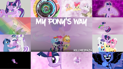 Size: 1280x720 | Tagged: safe, artist:killme2paza, derpibooru import, edit, editor:quoterific, apple bloom, applejack, discord, fluttershy, night light, nightmare moon, owlowiscious, pinkie pie, rainbow dash, rarity, scootaloo, shining armor, spike, starlight glimmer, sweetie belle, twilight sparkle, twilight sparkle (alicorn), twilight velvet, alicorn, bird, draconequus, dragon, earth pony, owl, pegasus, pony, unicorn, adorabloom, apple bloom's bow, applejack's hat, bow, clothes, colt, cowboy hat, cute, cutealoo, cutie mark crusaders, diasweetes, eyes closed, female, filly, foal, grin, hair bow, hat, male, mane seven, mane six, mare, my pony's way, open mouth, open smile, smiling, spread wings, wings