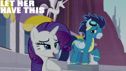 Size: 1280x720 | Tagged: safe, derpibooru import, edit, edited screencap, editor:quoterific, screencap, rarity, soarin', pegasus, pony, unicorn, rarity investigates, season 5, clothes, female, goggles, male, mare, open mouth, stallion, uniform, wonderbolts uniform