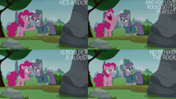 Size: 1280x720 | Tagged: safe, derpibooru import, edit, edited screencap, editor:quoterific, screencap, maud pie, pinkie pie, earth pony, pony, season 8, the maud couple, spoiler:s08, female, mare, nose in the air, open mouth, open smile, rock, smiling, uvula, volumetric mouth