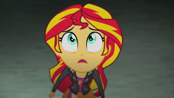 Size: 3410x1920 | Tagged: safe, derpibooru import, screencap, sunset shimmer, equestria girls, rainbow rocks, clothes, cutie mark on clothes, female, high res, jacket, leather, leather jacket, open mouth, solo