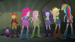 Size: 3410x1920 | Tagged: safe, derpibooru import, screencap, applejack, fluttershy, pinkie pie, rainbow dash, rarity, sunset shimmer, twilight sparkle, equestria girls, rainbow rocks, applejack's hat, argument, belt, bracelet, clothes, cowboy hat, crossed arms, cutie mark on clothes, denim skirt, eyes closed, female, hat, high res, humane five, humane seven, humane six, jacket, jewelry, leather, leather jacket, open mouth, skirt