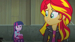 Size: 3410x1920 | Tagged: safe, derpibooru import, screencap, sunset shimmer, twilight sparkle, equestria girls, rainbow rocks, boots, clothes, cutie mark on clothes, female, high res, jacket, leather, leather jacket, shoes