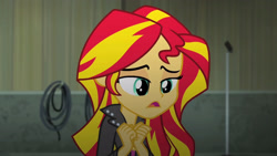 Size: 3410x1920 | Tagged: safe, derpibooru import, screencap, sunset shimmer, equestria girls, rainbow rocks, clothes, cutie mark on clothes, female, high res, jacket, leather, leather jacket, open mouth, solo