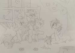 Size: 1024x722 | Tagged: safe, artist:kejifox, derpibooru import, apple bloom, scootaloo, sweetie belle, earth pony, pegasus, pony, unicorn, apple, apple tree, chest fluff, cutie mark crusaders, traditional art, tree, tree stump