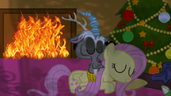 Size: 1280x720 | Tagged: safe, artist:mlplary6, derpibooru import, discord, fluttershy, draconequus, pegasus, pony, christmas, christmas tree, discoshy, female, fire, fireplace, holiday, male, shipping, straight, tree