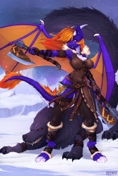 Size: 3000x4500 | Tagged: safe, artist:redwix, derpibooru import, oc, oc:violet flare, anthro, dracony, dragon, hybrid, wolf, axe, breasts, clothes, female, horns, mare, snow, snowfall, weapon, wings