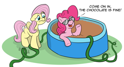 Size: 1983x1080 | Tagged: safe, artist:pony-thunder, derpibooru import, fluttershy, pinkie pie, earth pony, pegasus, pony, chocolate, comic, food, hose, swimming pool