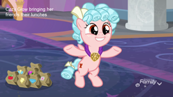 Size: 1280x720 | Tagged: safe, derpibooru import, edit, screencap, cozy glow, pony, school raze, :d, bag, bow, cozybetes, cute, cutie mark, facade, female, filly, flying, foal, grin, lunch bag, open mouth, open smile, smiling, solo