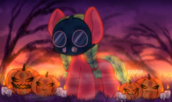 Size: 1280x765 | Tagged: safe, artist:rosaliarayson, derpibooru import, oc, oc:sweet release, earth pony, braid, braided tail, candle, chibi, chubby, colored, colored background, cute, earth pony oc, gas mask, halloween, holiday, mask, nightmare night, pigtails, pumpkin, tail