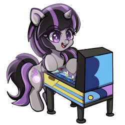 Size: 1000x1000 | Tagged: safe, artist:leokatana, derpibooru import, oc, oc only, oc:magna-save, pony, unicorn, cute, female, horn, magic, open mouth, open smile, pinball, pinball machine, simple background, smiling, solo, transparent background