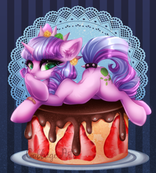 Size: 700x779 | Tagged: safe, artist:cabbage-arts, derpibooru import, oc, oc only, original species, pony, unicorn, backbend, bandaid, cake, commission, commissioner:sk-ree, female, food, looking at you, lying down, mare, multicolored mane, prone, solo, strawberry, ych result