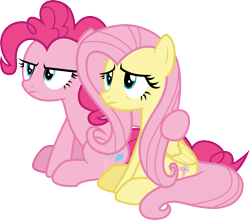 Size: 3415x3000 | Tagged: safe, artist:cloudyglow, derpibooru import, fluttershy, pinkie pie, earth pony, pegasus, pony, school raze, .ai available, duo, duo female, female, high res, hoof on shoulder, mare, simple background, sitting, transparent background, vector