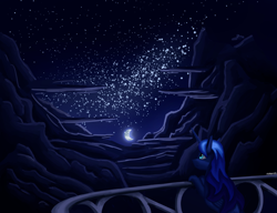 Size: 3250x2500 | Tagged: safe, artist:trotski432, derpibooru import, princess luna, alicorn, pony, balcony, cloud, female, horn, mare, moon, moonlight, night, night sky, railing, sky, solo, stars