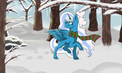 Size: 1280x768 | Tagged: safe, artist:howlerwolf101, derpibooru import, oc, oc only, oc:fleurbelle, alicorn, alicorn oc, bow, clothes, female, forest, hair bow, horn, icicle, mare, scarf, snow, solo, striped scarf, wings, winter