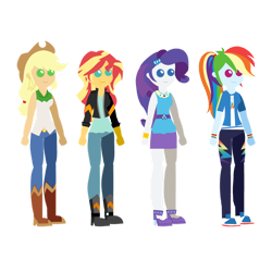 Size: 1024x1024 | Tagged: safe, artist:archooves, derpibooru import, applejack, rainbow dash, rarity, sunset shimmer, equestria girls, boots, clothes, hat, jacket, pointy people, shoes, simple background, transparent background