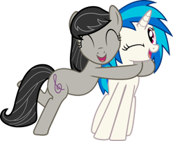 Size: 900x735 | Tagged: safe, derpibooru import, dj pon-3, octavia melody, vinyl scratch, earth pony, pony, unicorn, bipedal, duo, eyes closed, female, hug, one eye closed, open mouth, simple background, transparent background, vector