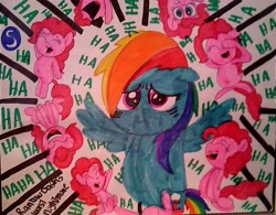 Size: 6260x4880 | Tagged: safe, artist:mrstheartist, pinkie pie, rainbow dash, pegasus, pony, friendship is magic, absurd resolution, bags under eyes, duo, equine, female, feral, fictional species, hasbro, laughing, looking at you, mammal, mare, my little pony, needs more jpeg, nickelodeon, old drawing, reference, spongebob squarepants (series), this will end in pain, traditional art