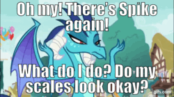 Size: 960x539 | Tagged: safe, edit, edited screencap, editor:undeadponysoldier, screencap, princess ember, dragon, triple threat, animated, balloon, cute, dragoness, edited gif, emberbetes, female, gif, house, how does my hair look, image macro, implied emberspike, implied shipping, implied spike, implied straight, nervous, ponyville, sweat, tree, wings