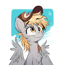 Size: 2480x2454 | Tagged: safe, artist:fanzeem, edit, derpy hooves, pegasus, pony, bust, cap, chest fluff, commission, cute, derpabetes, eye clipping through hair, eyebrows, eyebrows visible through hair, female, hat, mare, solo, watermark removal, wing fluff, wings