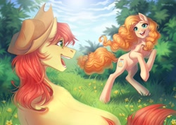 Size: 3507x2480 | Tagged: safe, artist:fenwaru, bright mac, pear butter, earth pony, pony, brightabetes, cute, duo, eye contact, female, flower, grass, happy, hat, looking at each other, male, mare, open mouth, open smile, outdoors, pearabetes, rearing, smiling, smiling at each other, stallion
