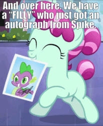 Size: 788x960 | Tagged: safe, edit, edited screencap, editor:undeadponysoldier, screencap, cherry valley, spike, crystal pony, dragon, pony, the crystalling, autograph, bow, crystal empire, cute, explanation in the description, eyes closed, female, filly, foal, hair bow, happy, mouth hold, signed, solo focus, spike the brave and glorious, spikelove