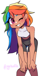 Size: 708x1100 | Tagged: safe, artist:pyukumiku, derpibooru import, rainbow dash, human, breasts, clothes, compression shorts, cute, dashabetes, humanized, leaning forward, looking at you, one eye closed, signature, simple background, smiling, solo, sports bra, white background, wink