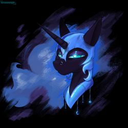 Size: 2000x2000 | Tagged: safe, artist:kirasunnight, derpibooru import, nightmare moon, alicorn, pony, armor, black background, ethereal mane, female, frown, helmet, jewelry, lidded eyes, mare, nose piercing, nose ring, peytral, piercing, simple background, slit eyes, solo