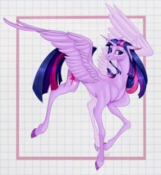 Size: 1280x1393 | Tagged: safe, artist:killah9, derpibooru import, twilight sparkle, twilight sparkle (alicorn), alicorn, pony, abstract background, ears, female, floppy ears, mare, solo, spread wings, wings