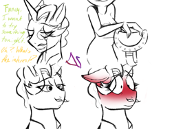 Size: 1152x864 | Tagged: safe, artist:dsstoner, derpibooru import, fancypants, oc, oc:anon, oc:femanon, human, pony, unicorn, blushing, blushing profusely, comic, ear blush, interspecies, male, saddle, shocked, shocked expression, stallion, tack, text