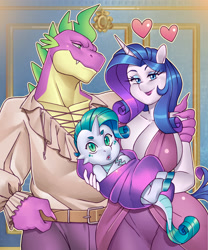 Size: 2500x3000 | Tagged: safe, artist:nauth, rarity, spike, anthro, dracony, dragon, hybrid, unguligrade anthro, unicorn, baby, celestia's dragon breeding program, clothes, daughter, dress, family, father and child, father and daughter, female, heart, male, mare, milf, mother and child, mother and daughter, parent and child, parent:rarity, parent:spike, parents:sparity, shipping, sparity, straight, wholesome